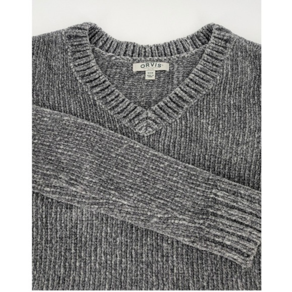 Orvis Classic Collection Womens Gray Chenille Ribbed V-Neck Sweater Small S/CH
